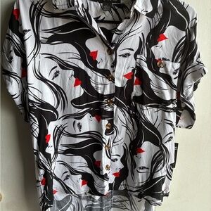 Stylish Black and White Women's Top with Red Accents